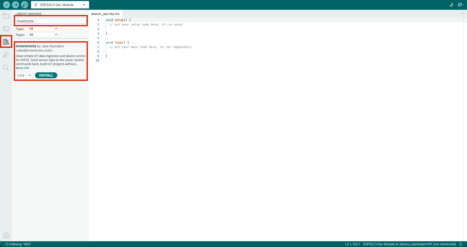 Install the Inventronix Arduino library.