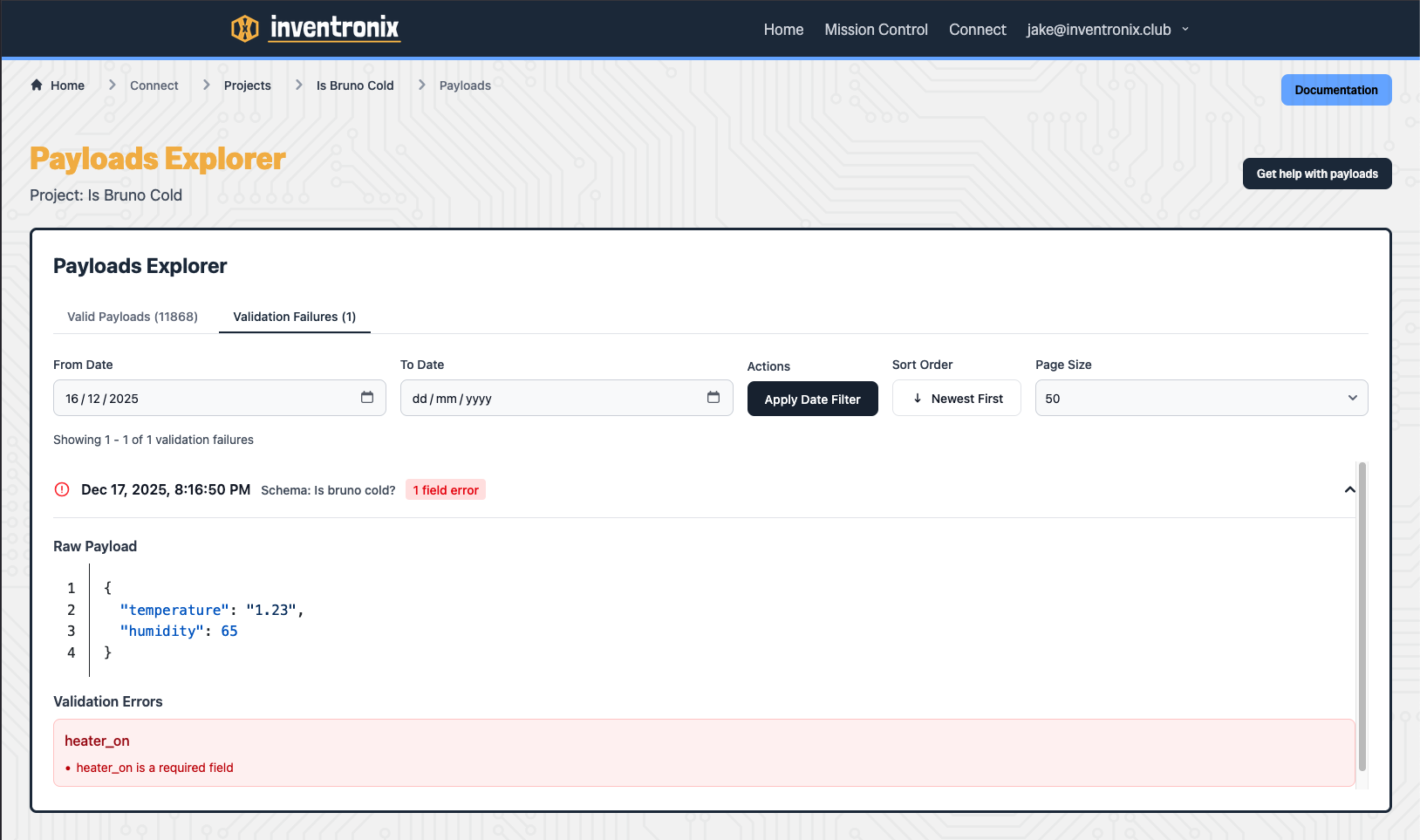 Showing validation failures on payloads explorer.